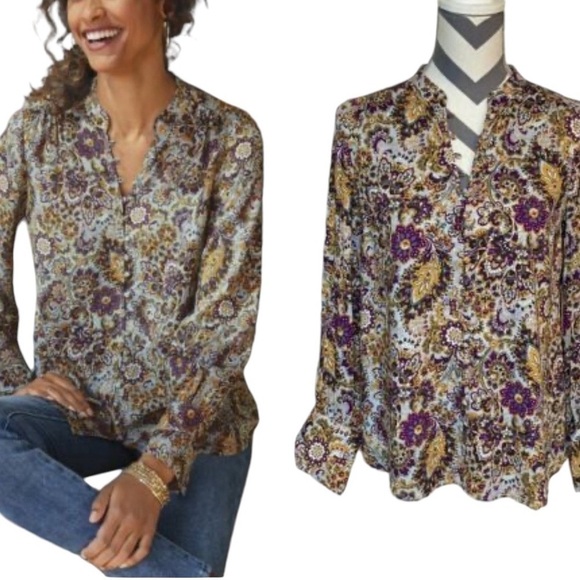 Soft Surroundings Women’s Sz L Metallic Floral Paisley Blouse Shirt Top Gold NWT - Picture 3 of 11